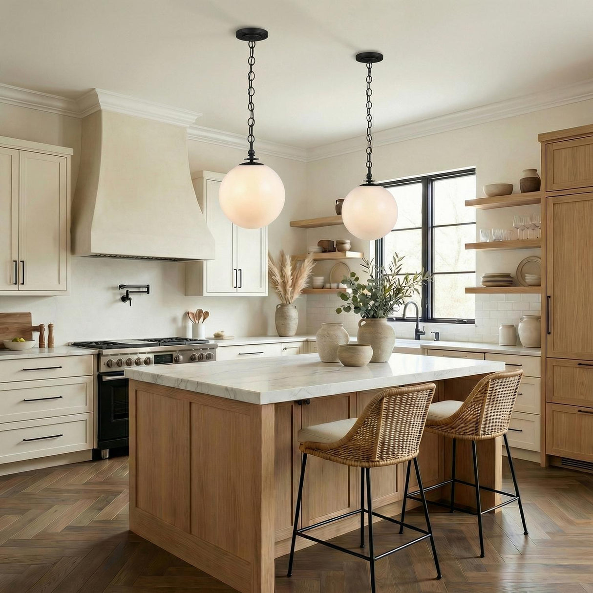 A transitional kitchen features two Emerson Large Pendant 14" Aged Iron globe pendants over a white marble island with natural wood cabinets and woven stools.