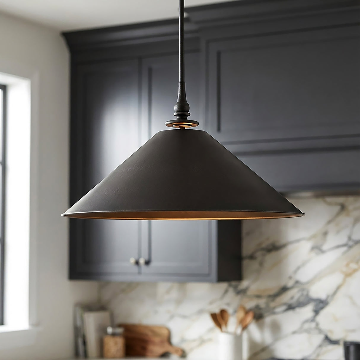 Emerson Conical Pendant 24" for Modern Farmhouse home with Dark Gray Cabinetry