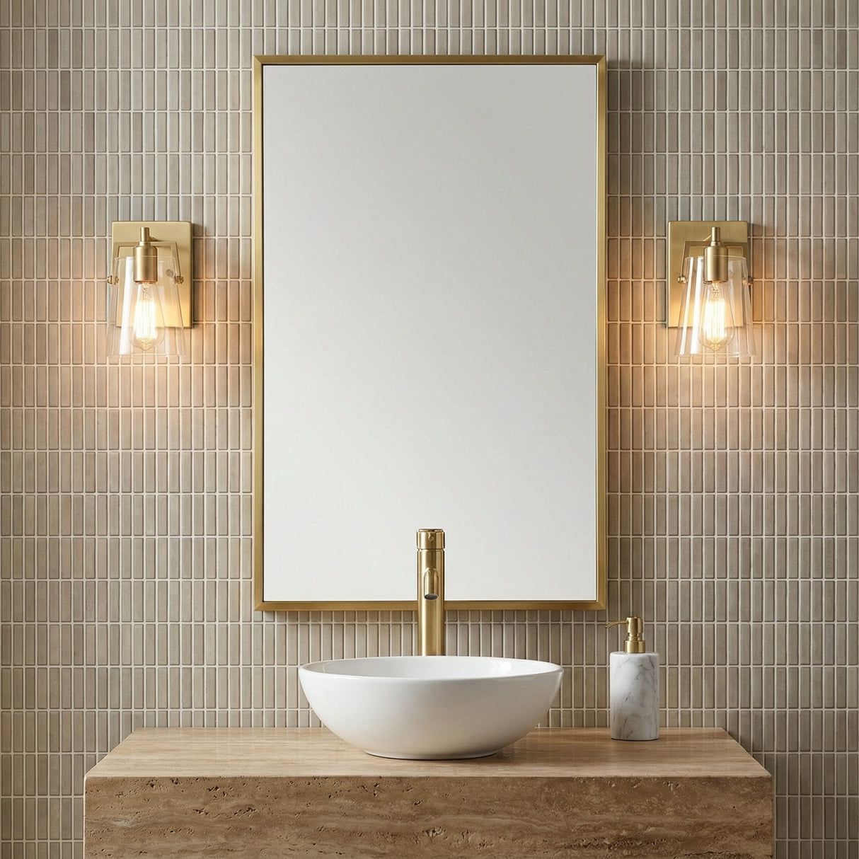 Glyn Wall Sconce 9" Satin Brass for Modern home with Beige Tile