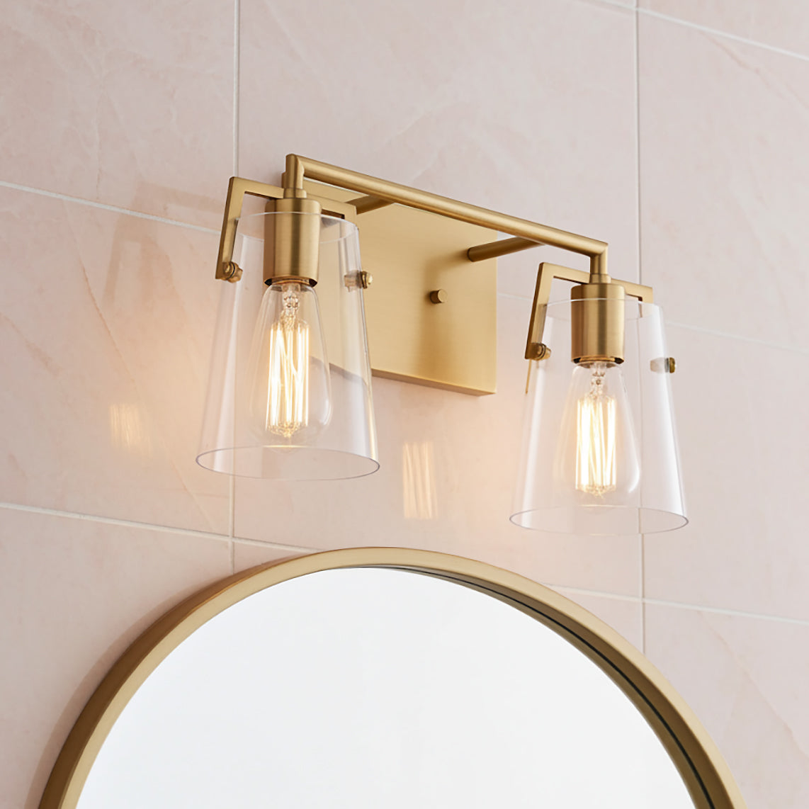 Glyn 2 Light Vanity, Satin Brass for Modern home with Pink Tiles