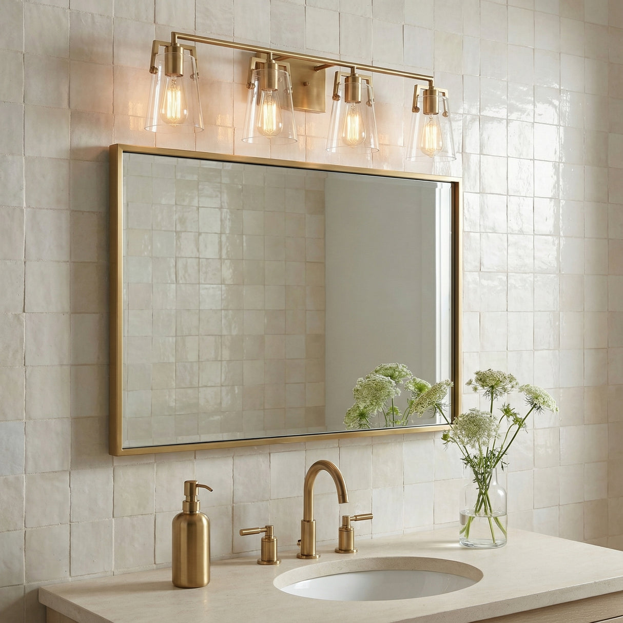 Glyn 4 Light Vanity, Satin Brass for Modern Farmhouse home with White Siding