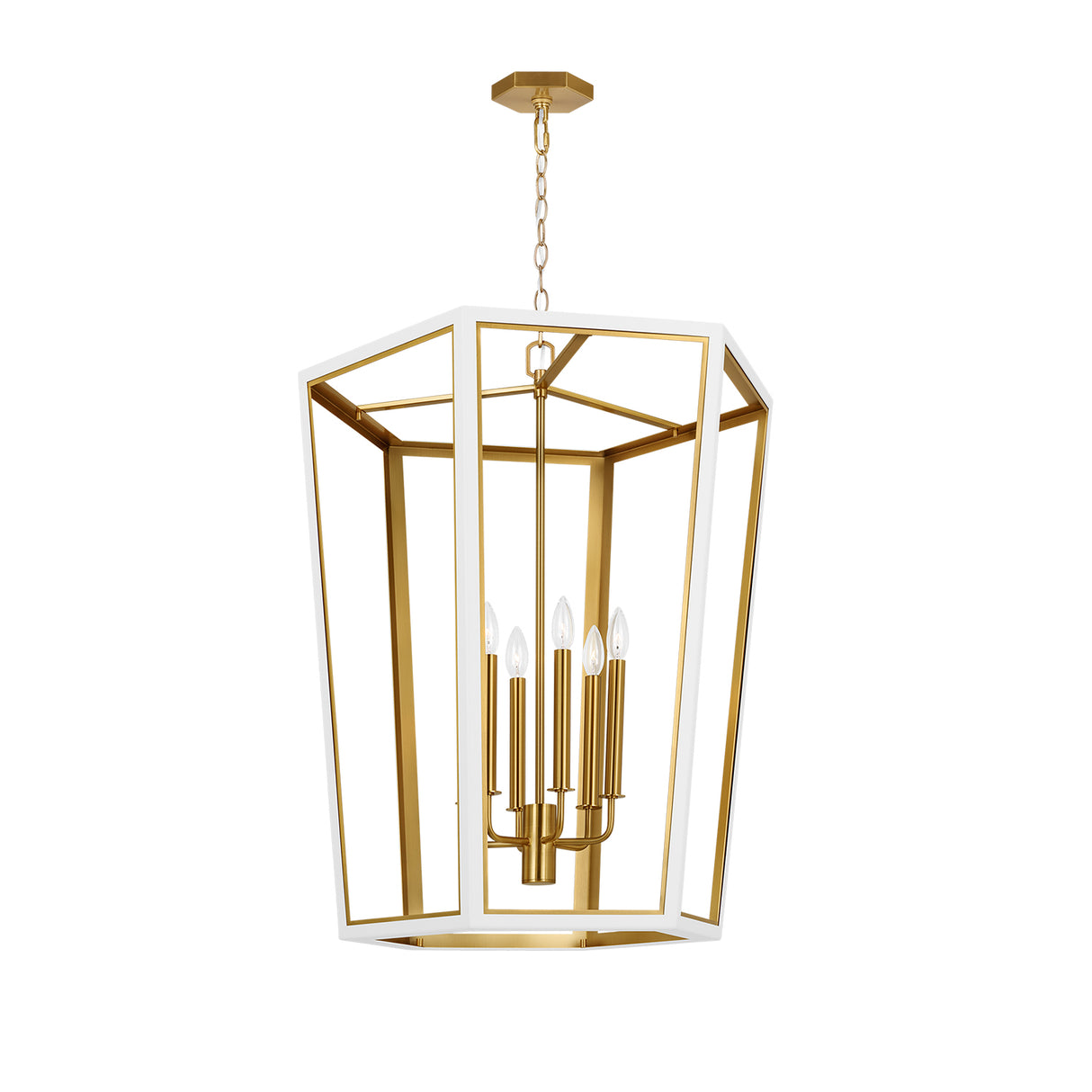 Rawlin Large Lantern Pendant 27", Matte White and Brushed Brass