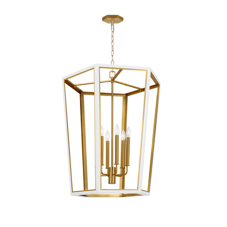 Rawlin Large Lantern Pendant 27", Matte White and Brushed Brass