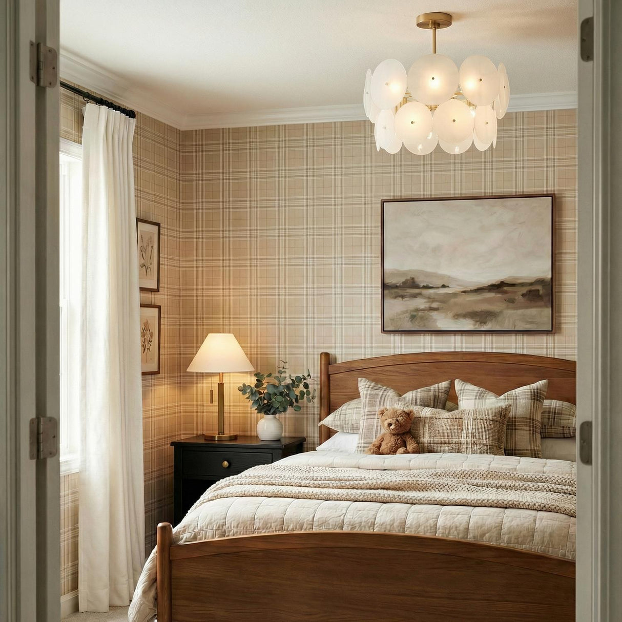 Ophelia Medium Chandelier 24", Modern Brass and Layered Glass chandelier in a Transitional Bedroom with plaid wallpaper and a wood bed.
