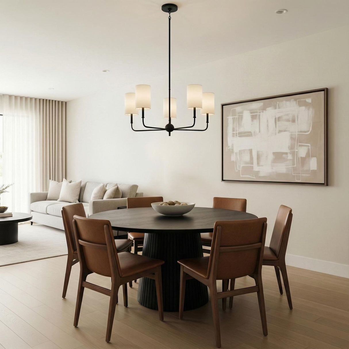 Remington 5 Light Chandelier 26", Matte Black styled in a Contemporary Dining Room with wood floors and neutral walls.