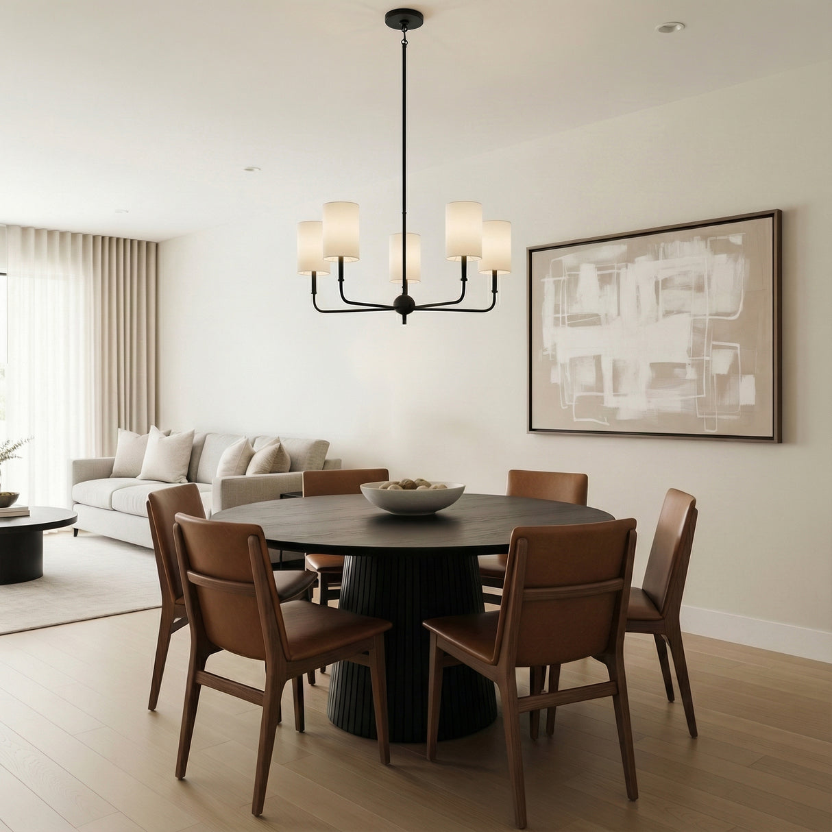 Remington 5 Light Chandelier 26", Matte Black styled in a Contemporary Dining Room with wood floors and neutral walls.
