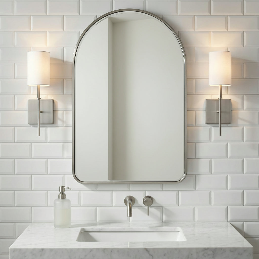 Remington Wall Sconce 15", Brushed Nickel for Modern home with White Tile