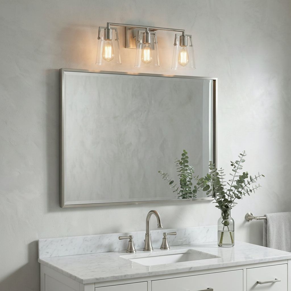 Glyn 3 Light Vanity, Brushed Nickel for Modern home with Gray Siding