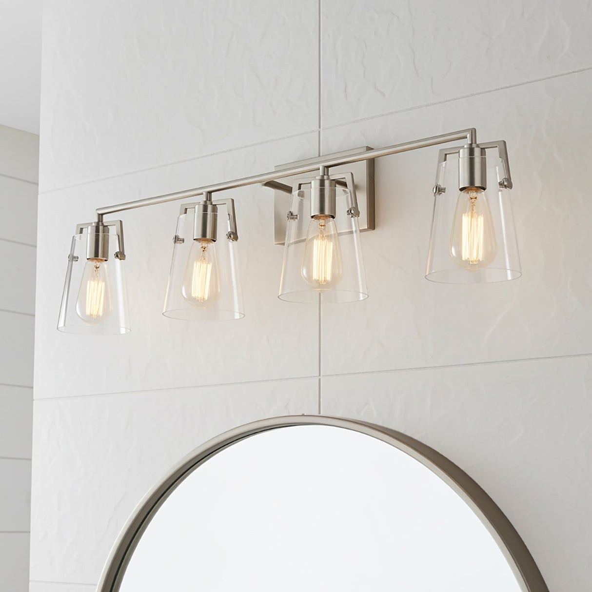 Glyn 4 Light Vanity, Brushed Nickel for Modern Farmhouse home with White Siding