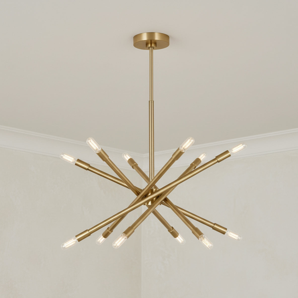 Ferris Medium Chandelier 27", Modern Brass for Modern home with Beige Textured Walls