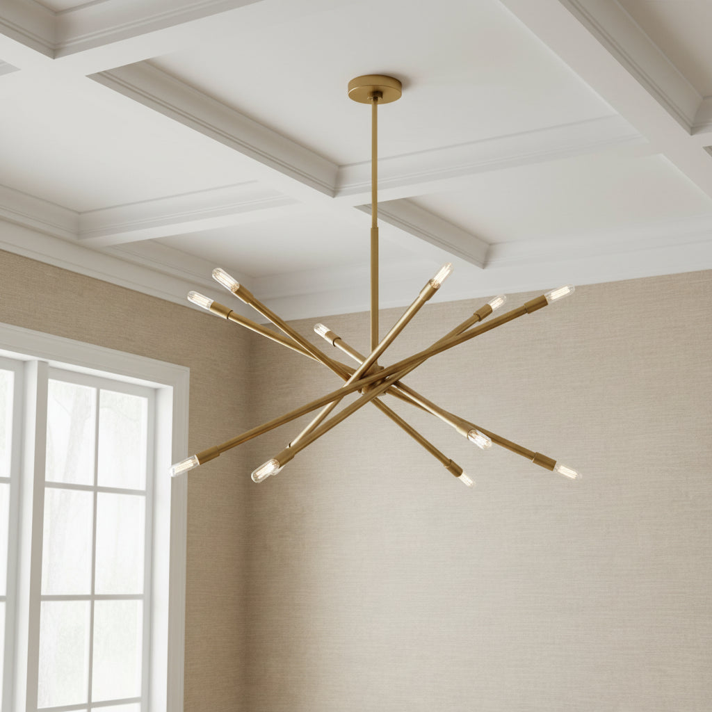 Ferris Large Chandelier 35" Modern Brass for Modern home with Beige Textured Wallpaper