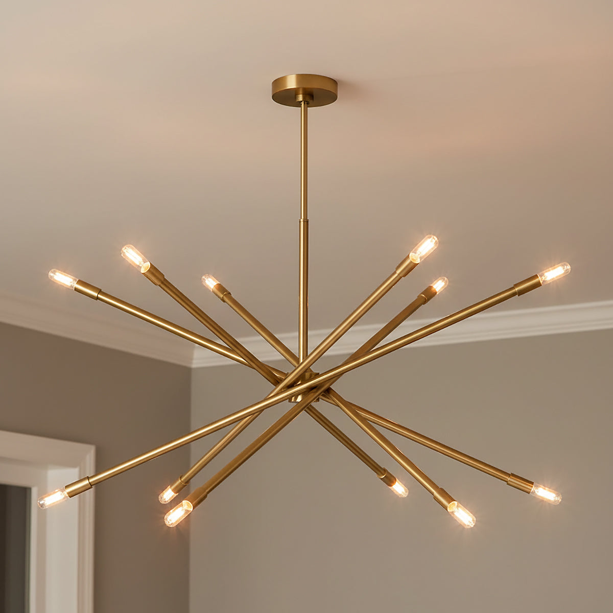 Ferris Extra Large Chandelier 42", Modern Brass for Modern home with Gray Walls