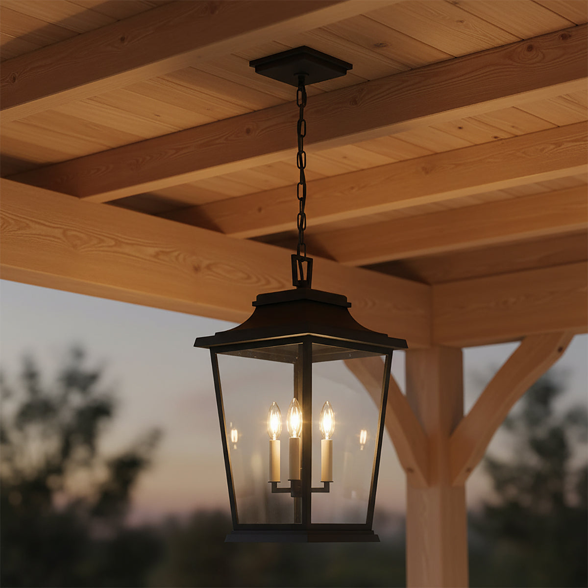 Pembroke Outdoor Hanging Light 12", Textured Black for Modern Farmhouse home with Natural Wood