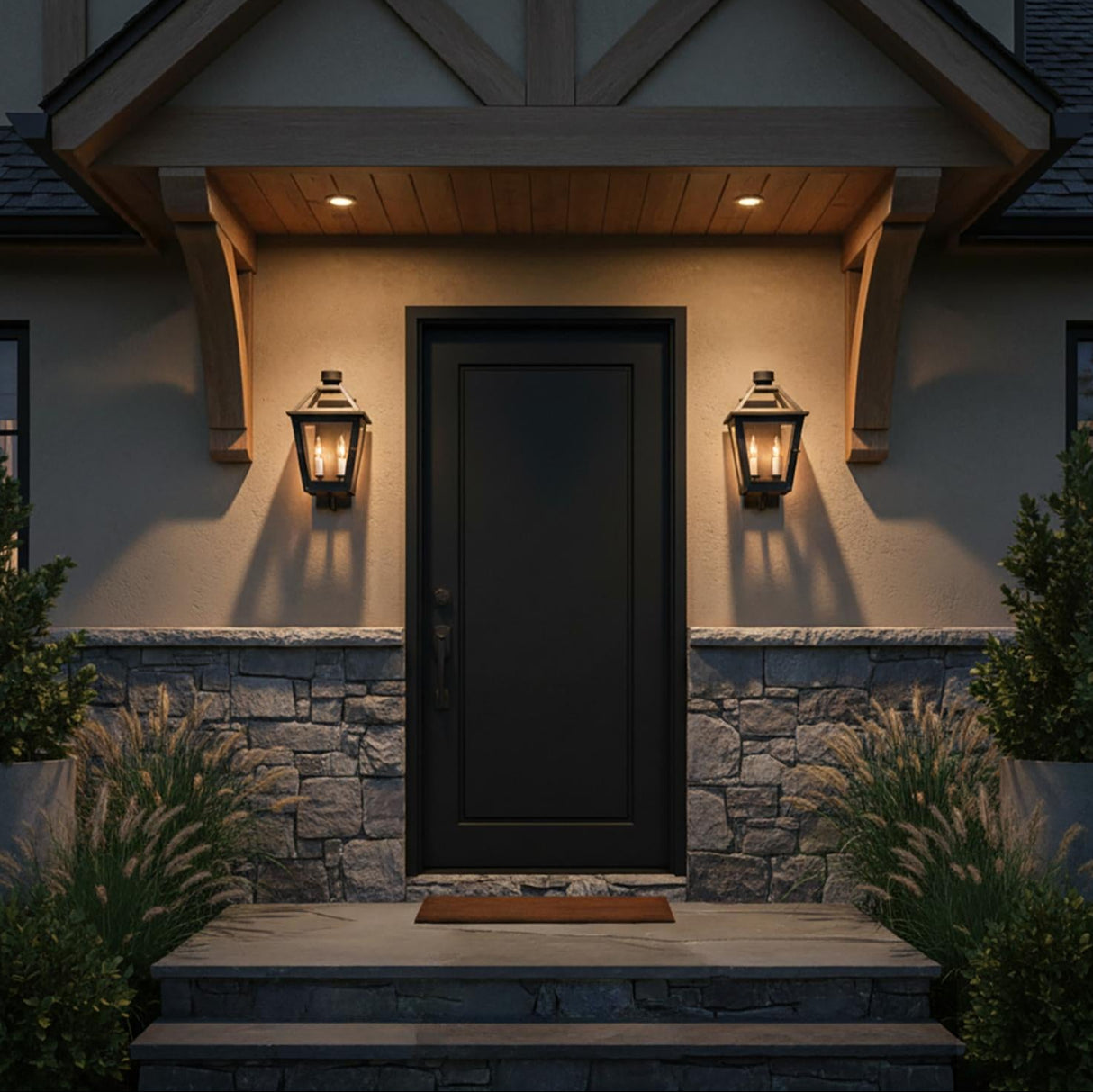 Two Fairmont Small Outdoor Wall Lights 16", in Textured Black on a tutor style home