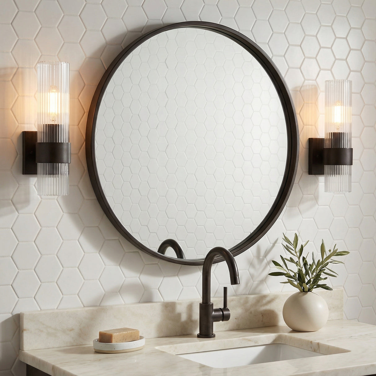 Barclay Wall Sconce 13", Aged Iron for Modern home with White Hex Tile