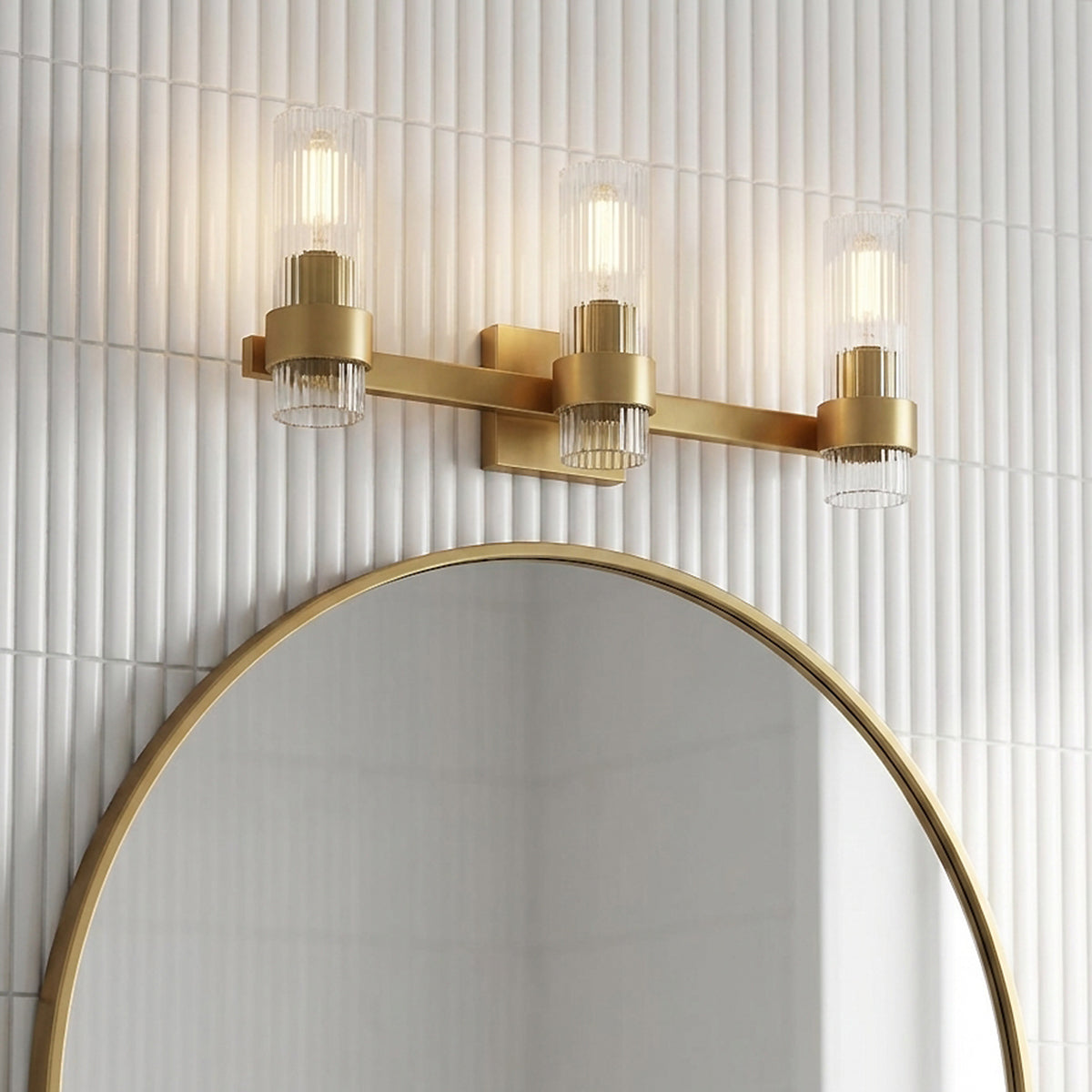 Barclay 3 Light Vanity, Modern Brass for Modern home with White vertical tile