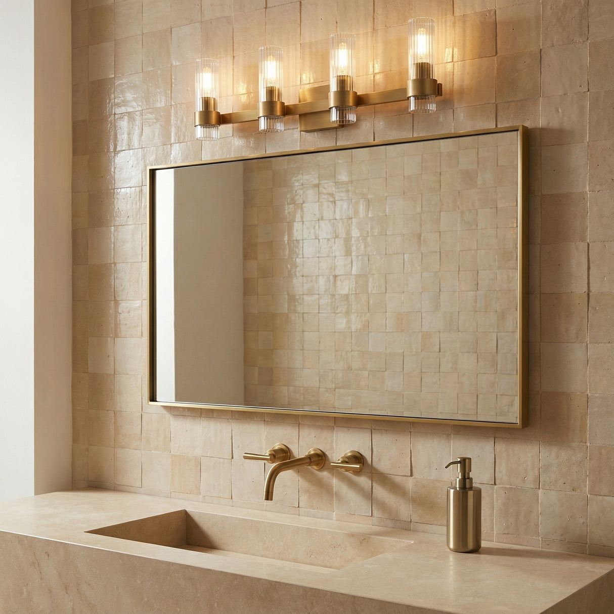 Barclay 4 Light Vanity, Modern Brass for Modern home with Beige Tile