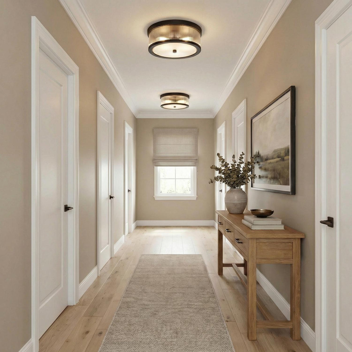 Barclay Flush Mount 14", Aged Iron ribbed glass flush mount in a Transitional Hallway with a wooden console table and neutral runner.