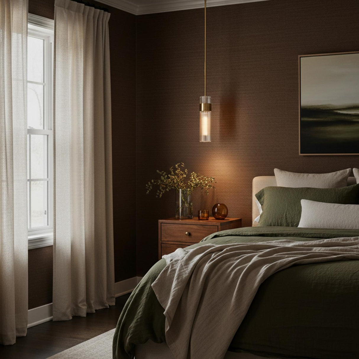 Barclay Small Pendant 3 Modern Brass for Modern home with Warm Brown Wallpaper