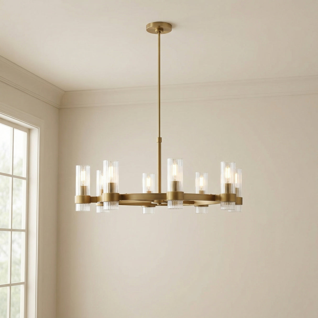 Barclay Medium Chandelier 33", Modern Brass geometric chandelier in a Transitional Dining Room.