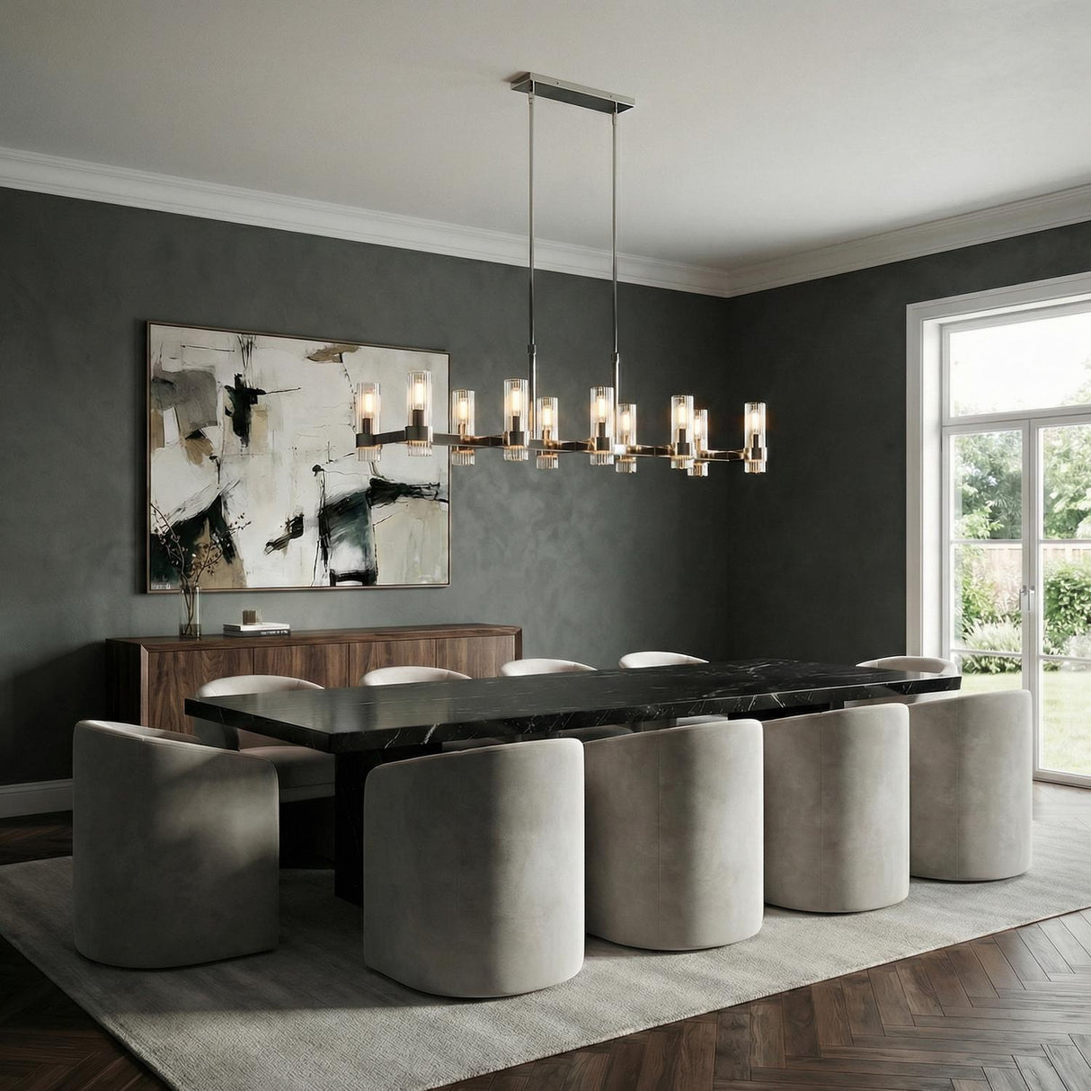 Polished Nickel geometric linear chandelier in a Contemporary Dining Room with a black marble table and velvet chairs.