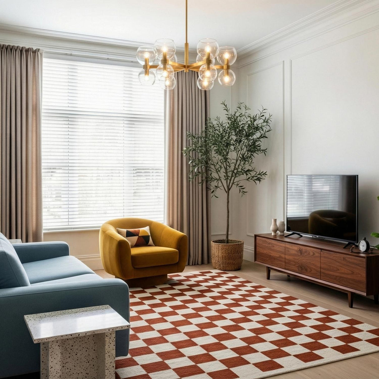 Matilda Small Chandelier 28", Modern Brass and Clear Glass globe Chandelier in a Transitional Living Room with a yellow velvet accent chair.