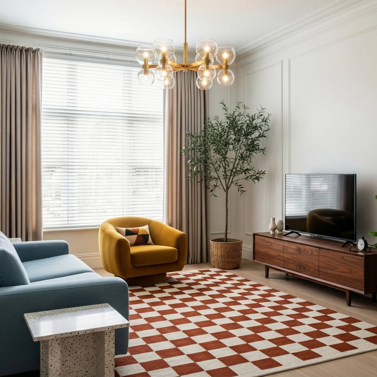 Matilda Small Chandelier 28", Modern Brass and Clear Glass globe Chandelier in a Transitional Living Room with a yellow velvet accent chair.