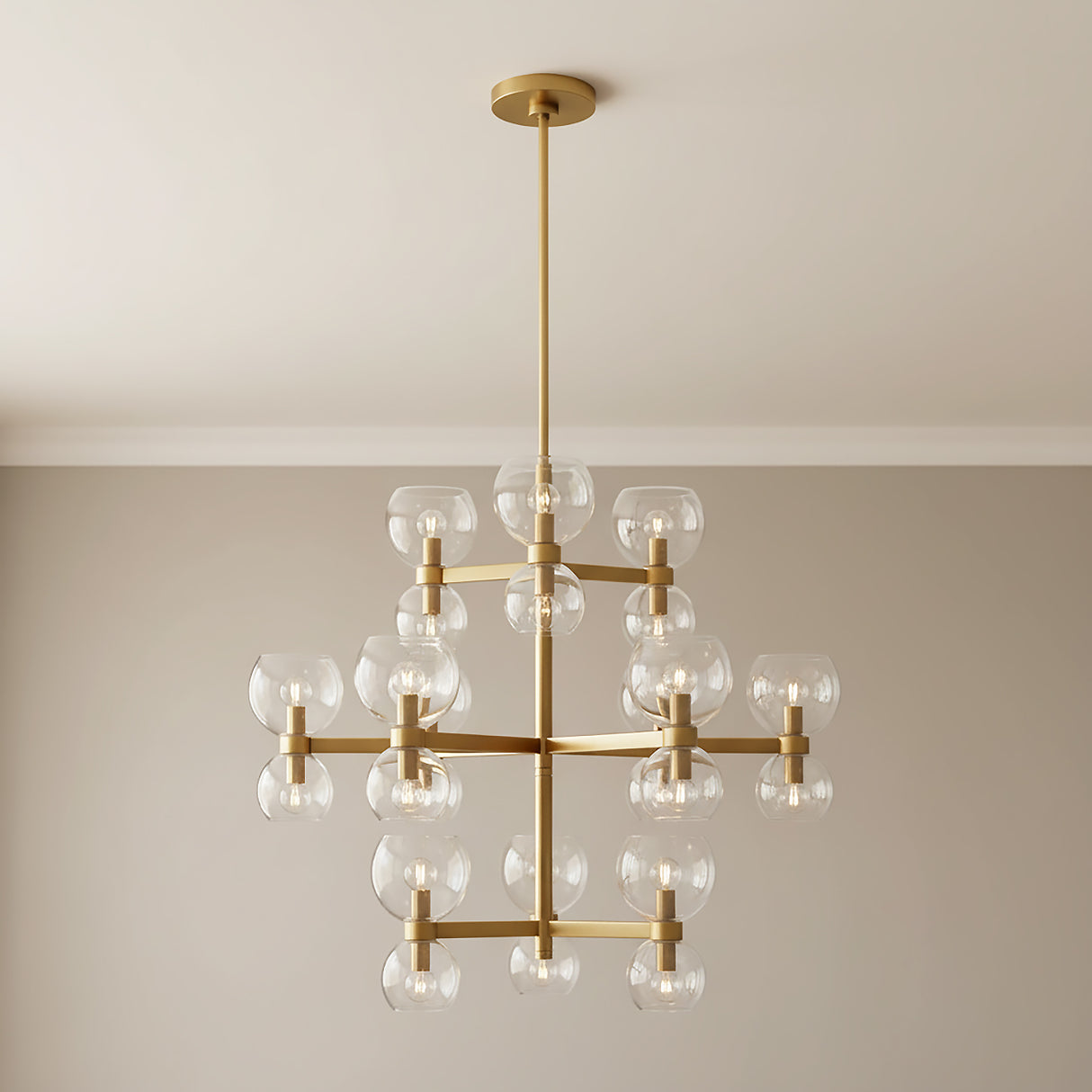 Matilda Large Three-Tier Chandelier 36", Modern Brass and Clear Glass for Modern home with Warm Beige walls
