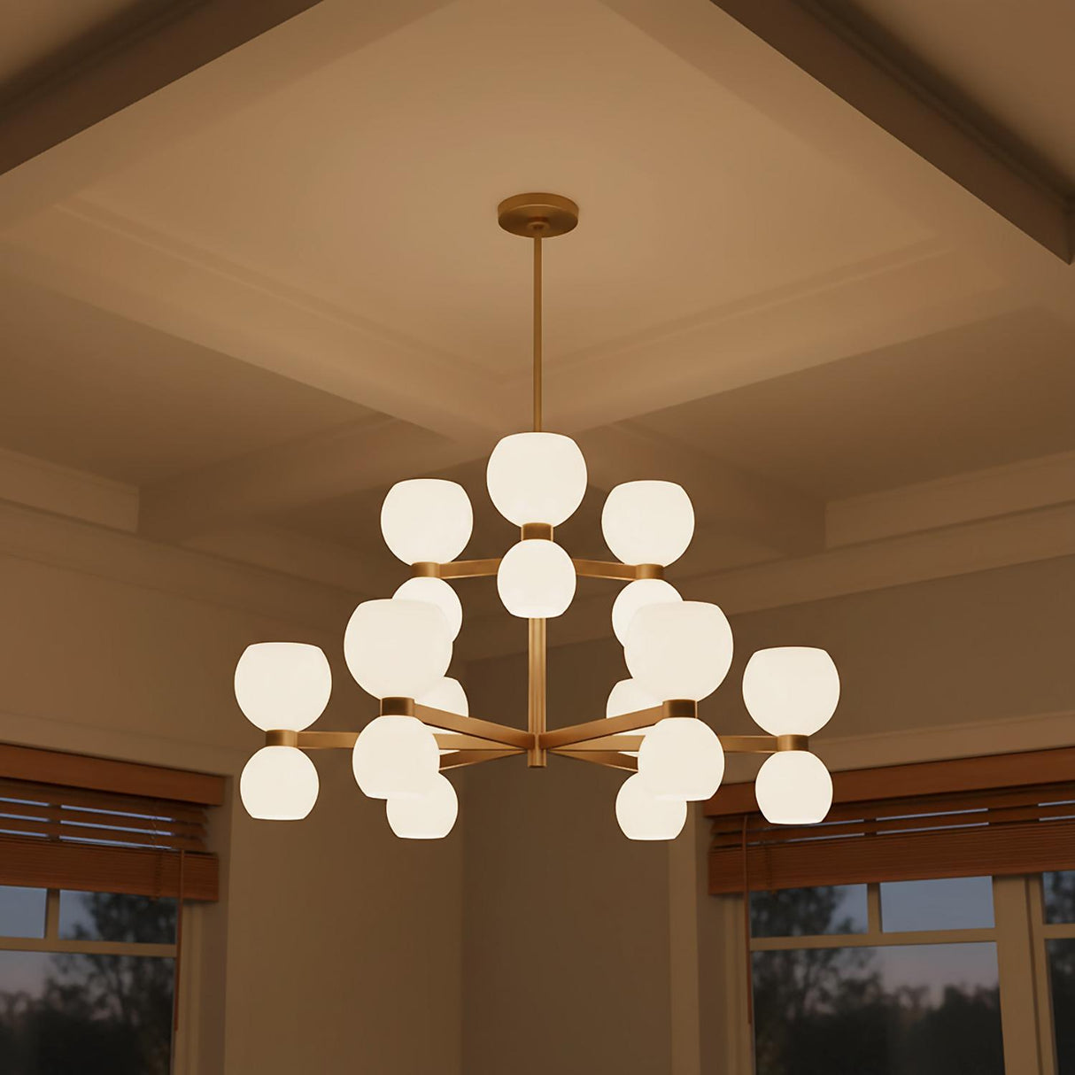 Matilda 18 Light Two-Tier Chandelier 36", Modern Brass and Milk Glass