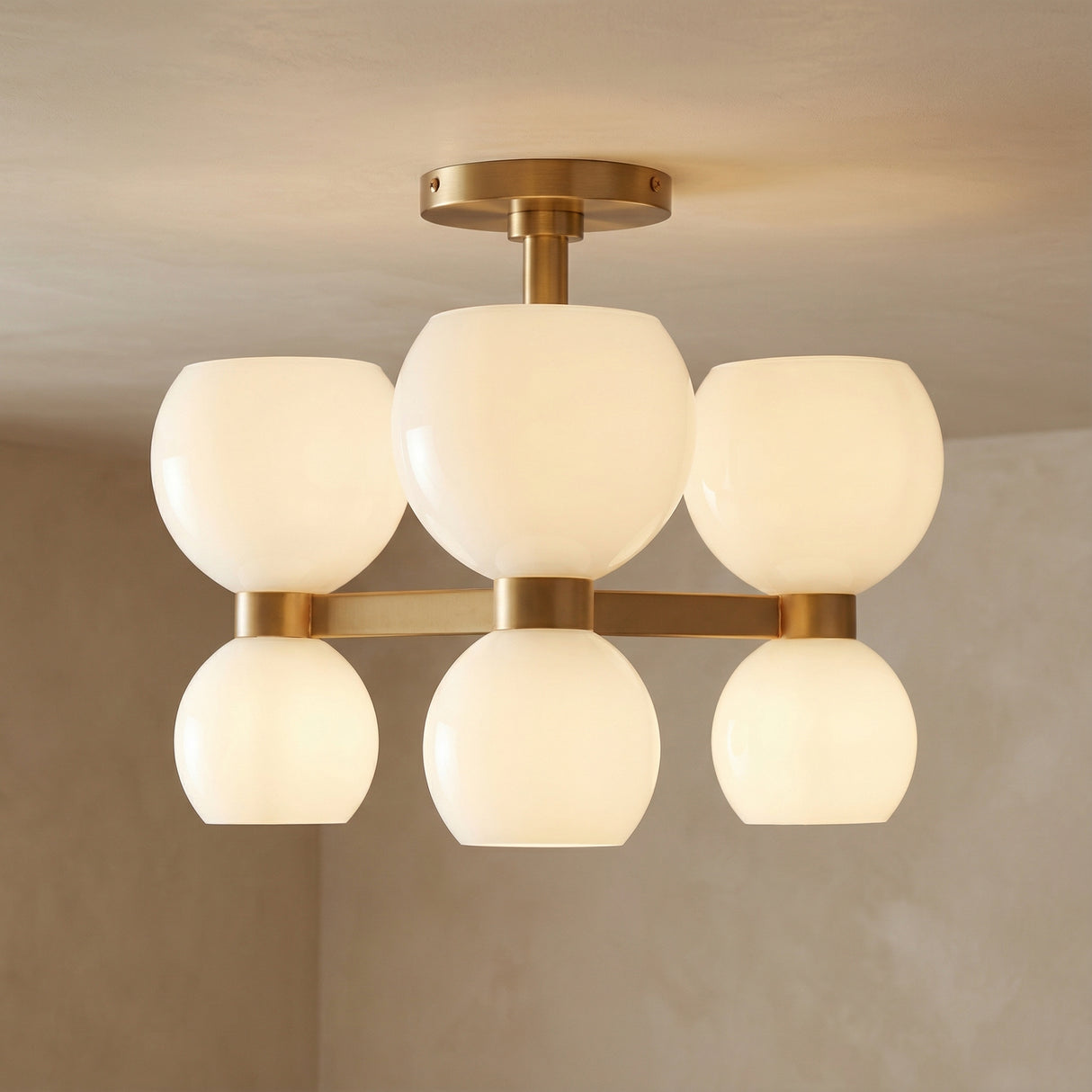 Matilda Semi-Flush 20" Modern Brass and Milk Glass in a Modern Living Room with neutral walls.