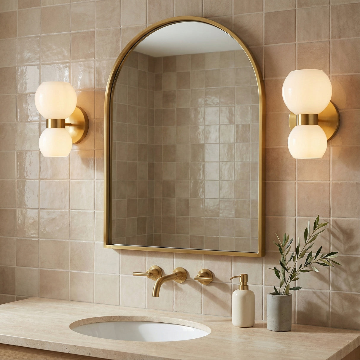 Matilda Wall Sconce 8", Modern Brass and Milk Glass for Modern home with Beige Tile walls in a bathroom