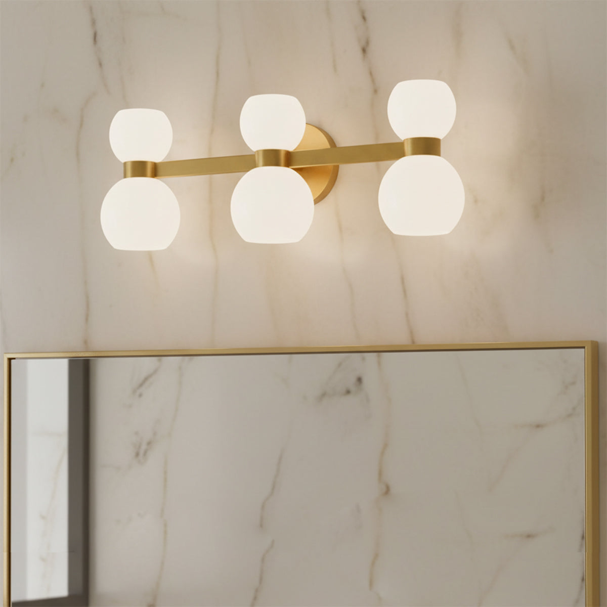 Matilda 3 Light Vanity, Modern Brass and Milk Glass for Modern home with White Siding