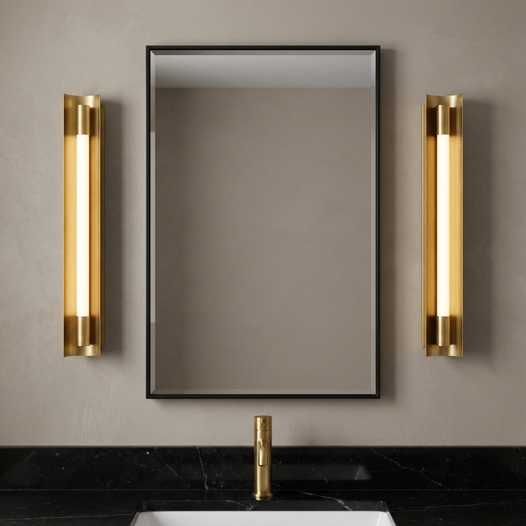 Robin Medium LED Vanity 22" tall, Modern Brass finish for Modern Contemporary home with Gray Stucco walls and dark countertops