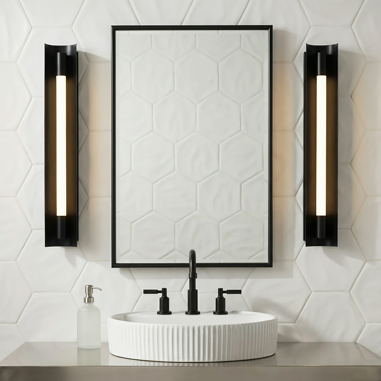 Robin Medium LED Vanity 22" Matte Black for Modern home with White Hexagonal Tile