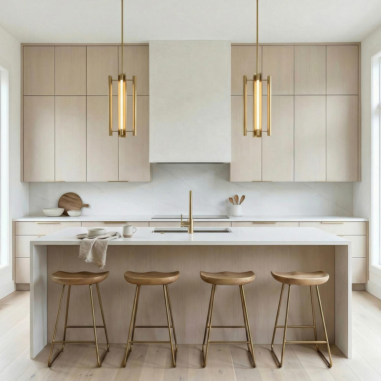 Robin 4 Light LED Pendant 16", Modern Brass geometric Pendant in a Modern Kitchen with a white marble island and wood stools.