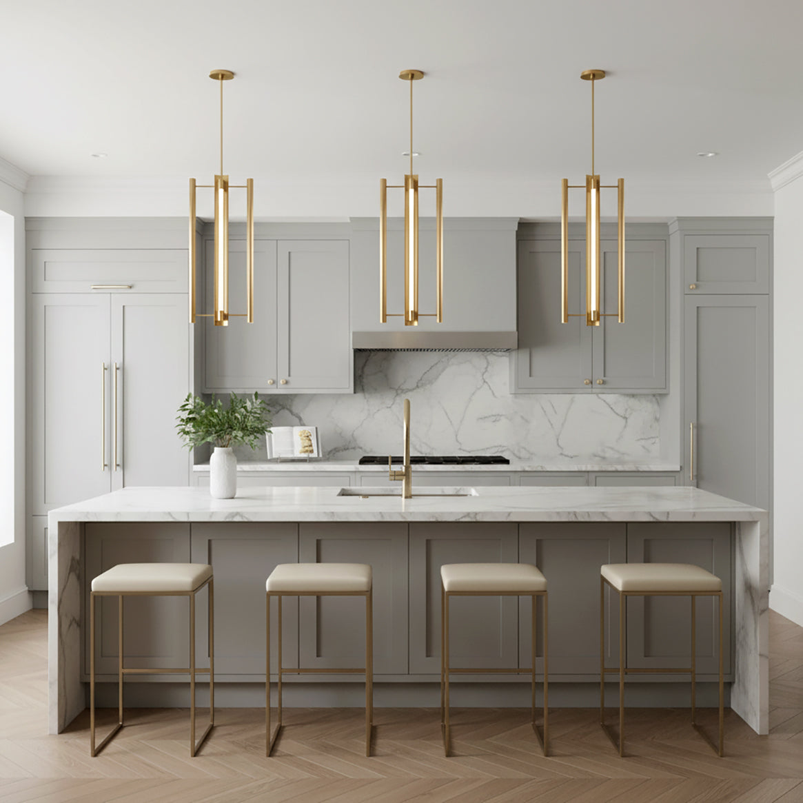 Robin Elongated 4 Light LED Pendant 16", Modern Brass - Kitchen island with three pendants