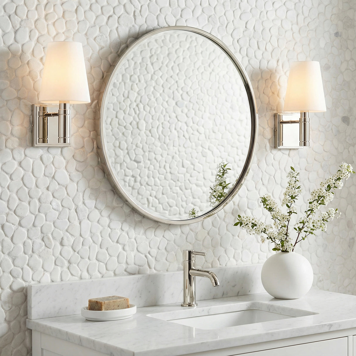 Petra Wall Sconce 11, Polished Nickel and Milk Glass for Modern home with White Pebble Tile