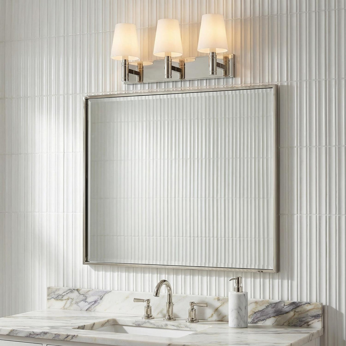 Petra 3 Light Vanity, Polished Nickel and Milk Glass