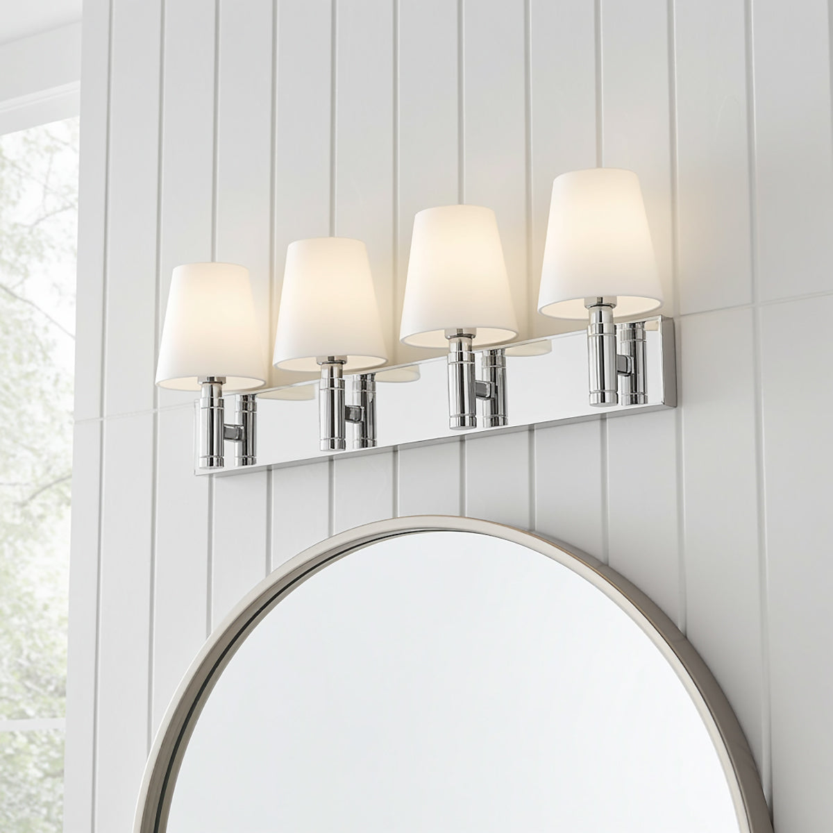 Petra 4 Light Vanity for Modern Farmhouse home with White Shiplap