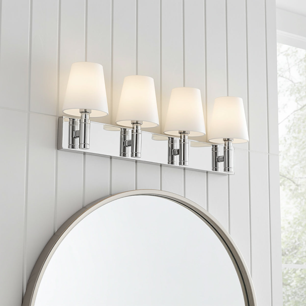 Petra 4 Light Vanity for Modern Farmhouse home with White Shiplap