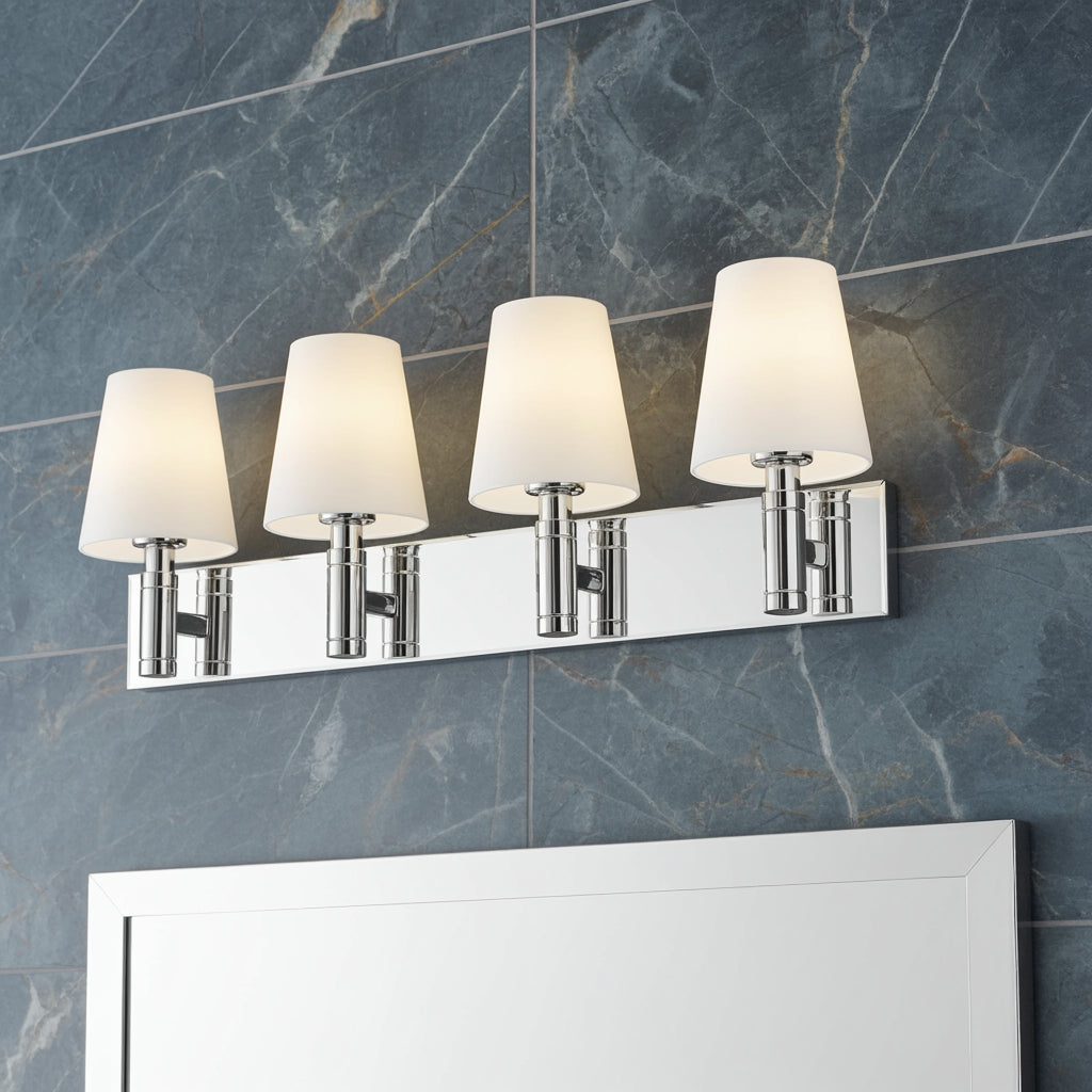 Petra 4 Light Vanity, Polished Nickel and Milk Glass for Modern home with Gray Tile