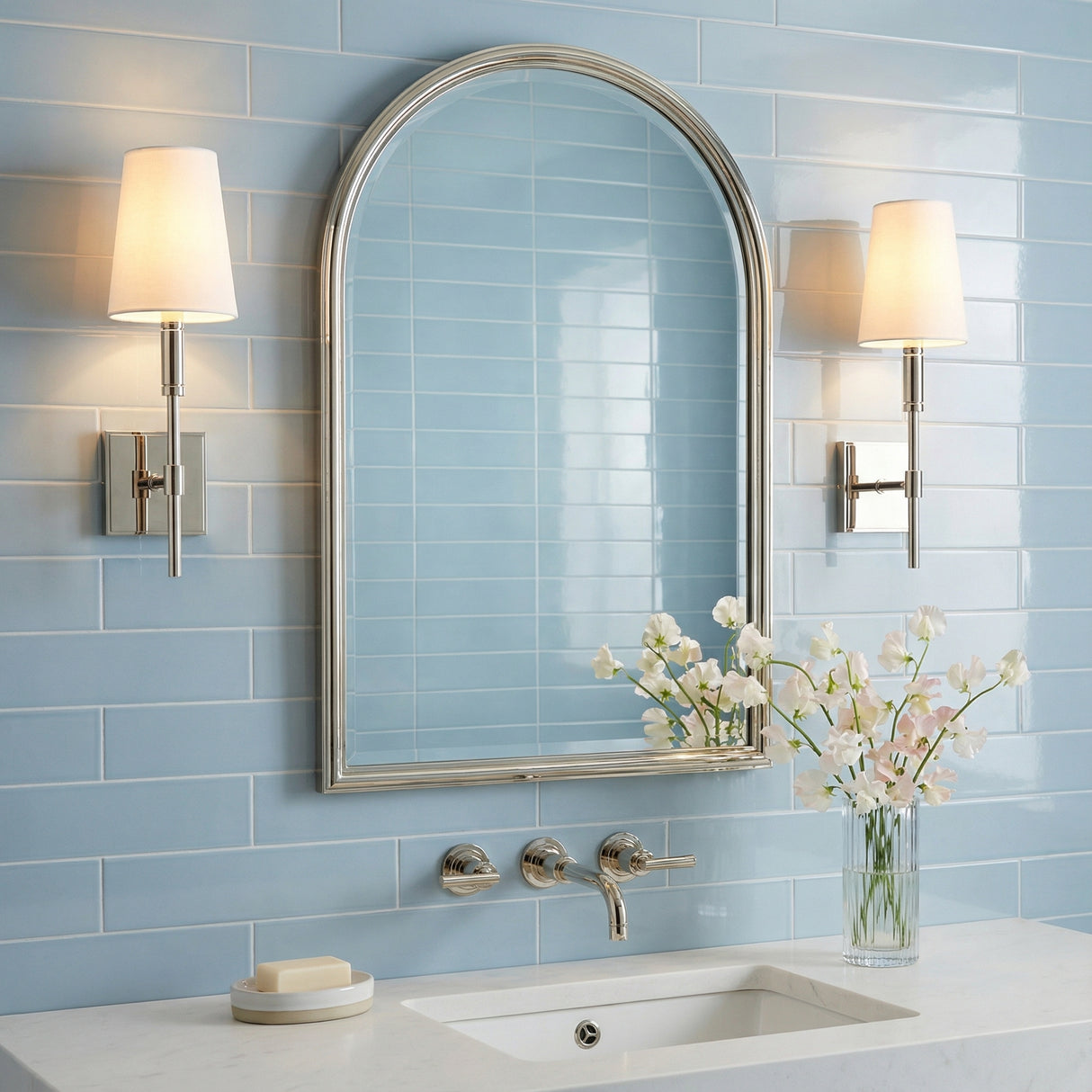 Petra Wall Sconce 17 for Transitional home with Light Blue Tile