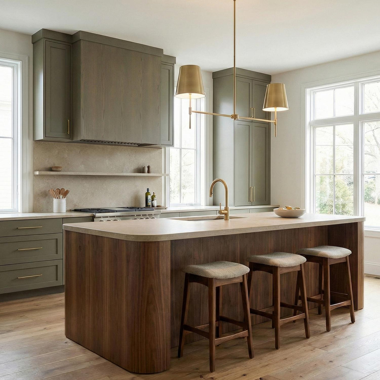 A transitional kitchen is lit by the Weston 2 Light Linear Pendant 14", Satin Brass over a curved walnut island with sage green cabinets and stools.