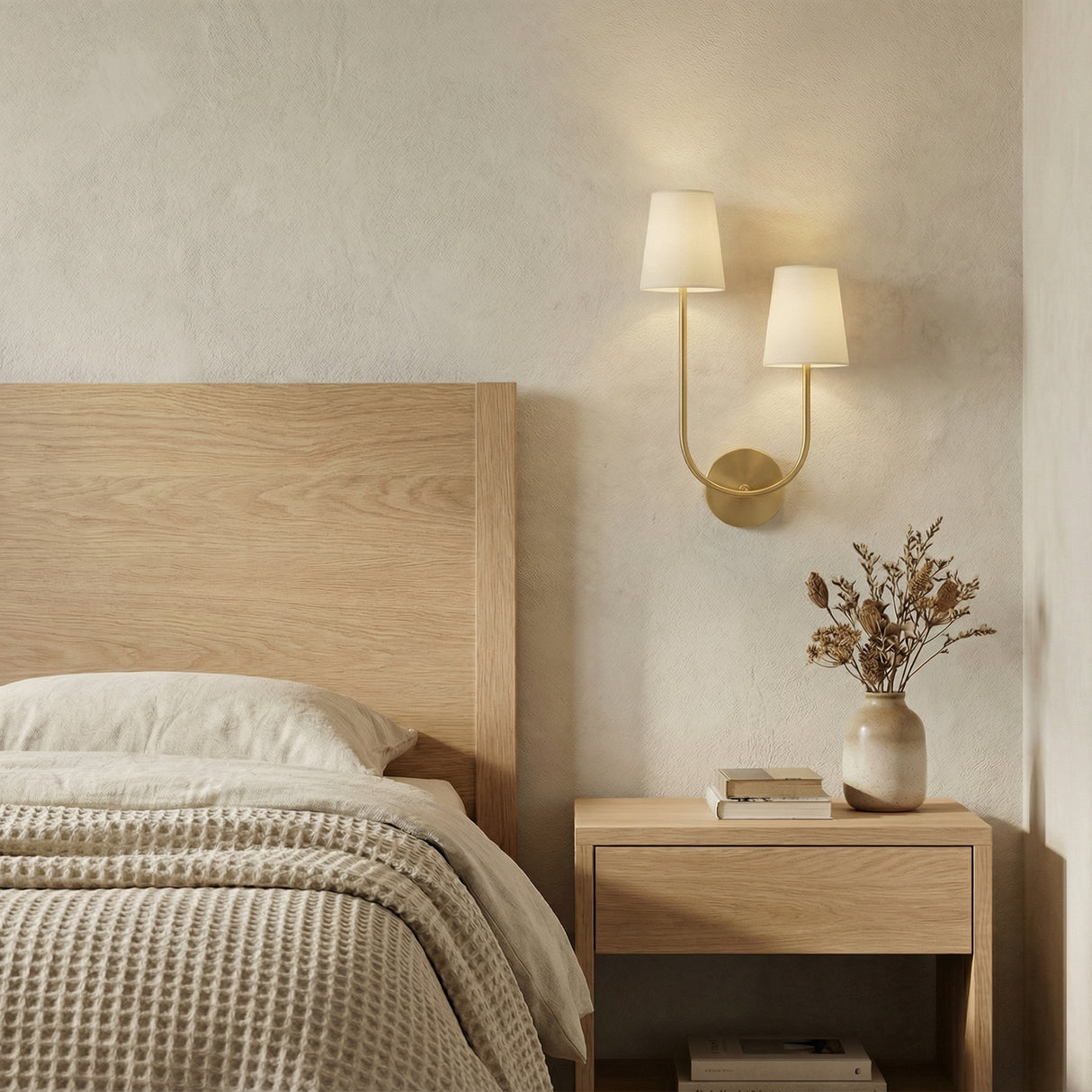 Greta Double Wall Sconce, Satin Brass (Style RIGHT) styled in a Modern Bedroom with textured walls and natural wood furniture.