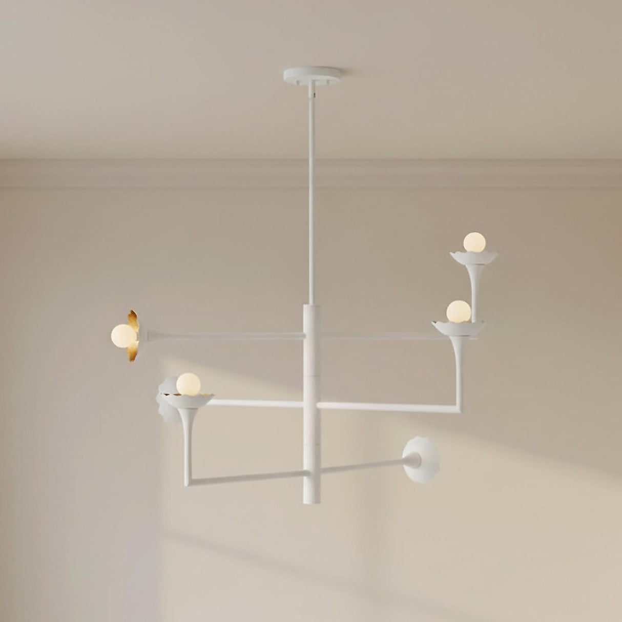 Posey Adjustable Chandelier 36", Textured White with Rustic Brass Accents