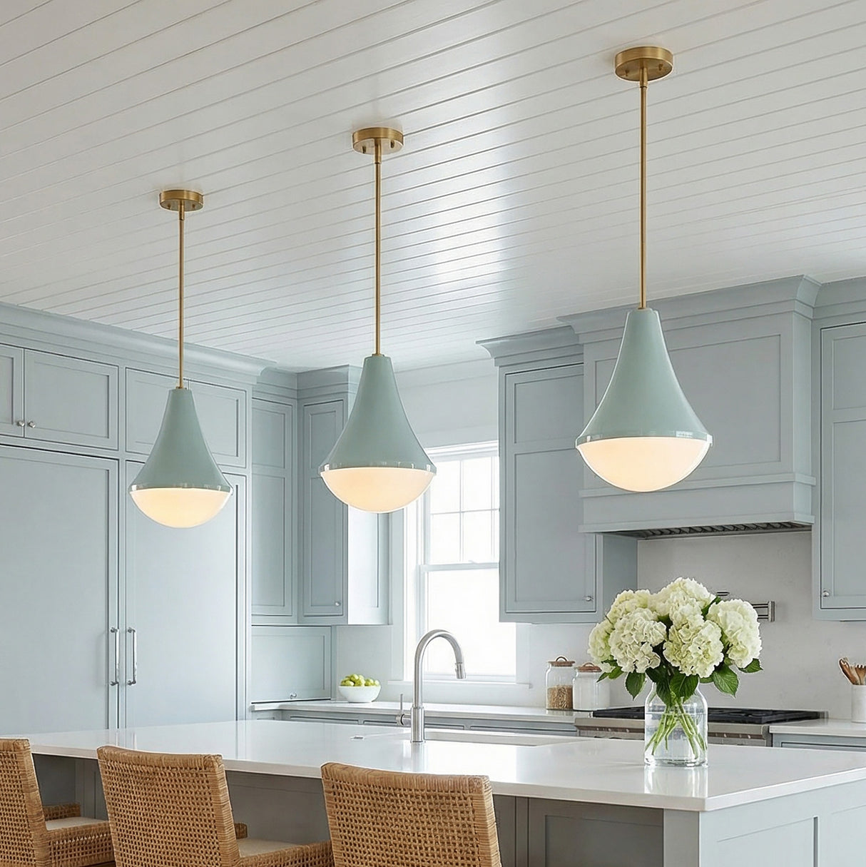 Skylar Pendant 11 Aquaverde and Satin Brass for Modern Farmhouse home with White Siding