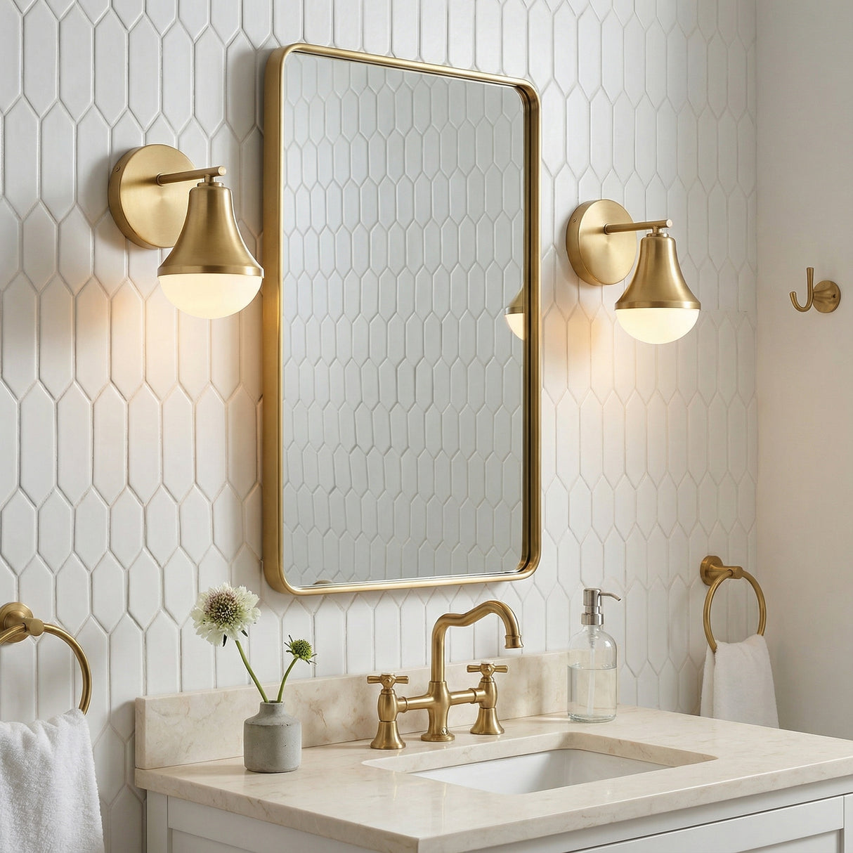 Skylar Wall Sconce 9" Satin Brass for Modern home with White Tile