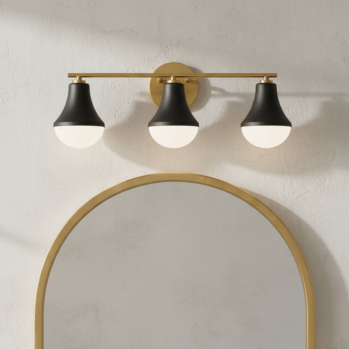 Skylar 3 Light Vanity, Matte Black and Satin Brass for Modern home with White Walls