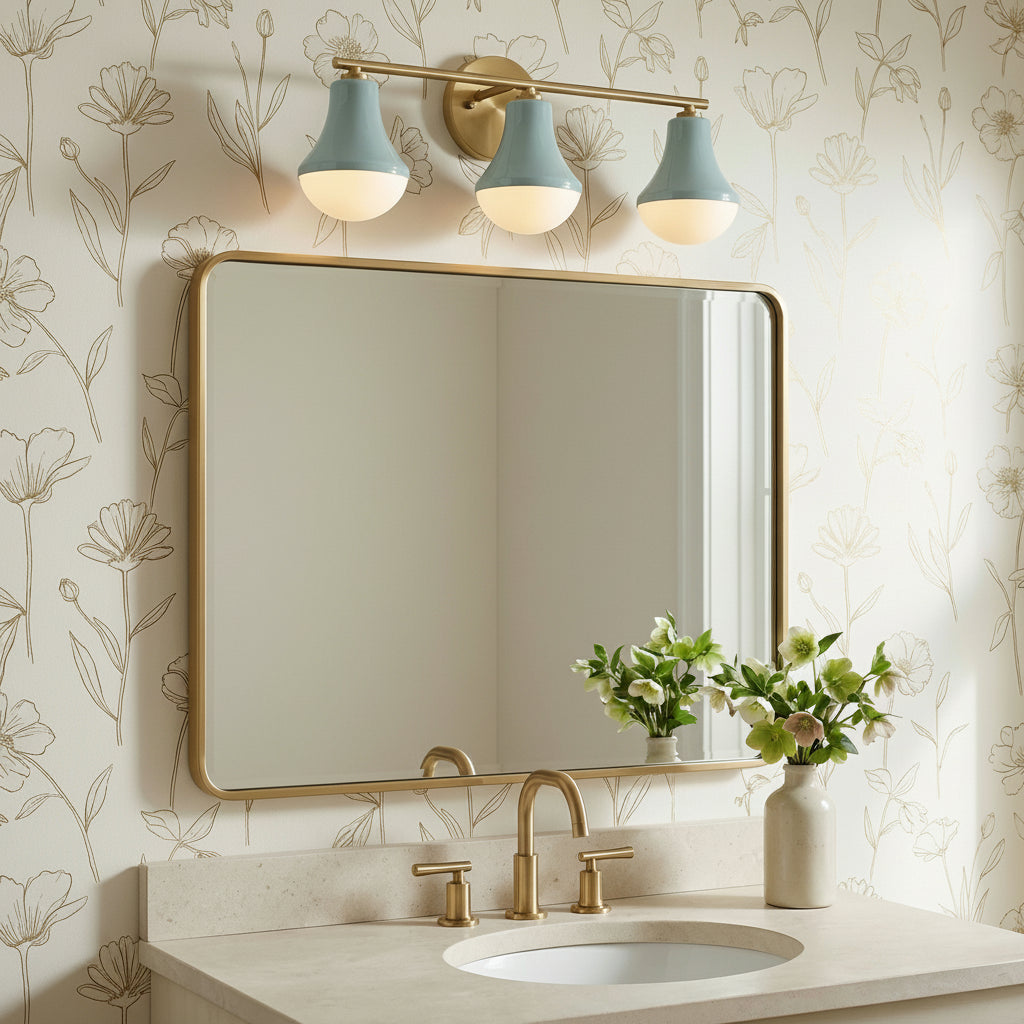 Skylar 3 Light Vanity, Aquaverde and Satin Brass for Transitional home with White Siding