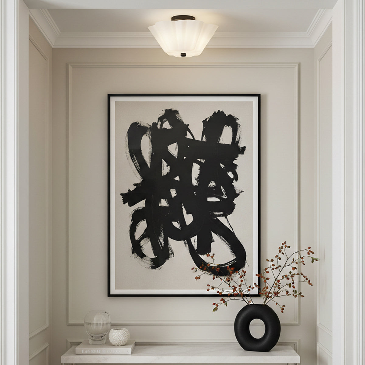 Connie Semi-Flush 15, Black and Opal Glass for Modern home with Beige Walls
